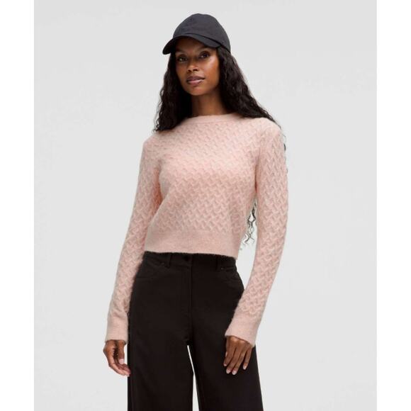 Lululemon Sweater Women Small Alpaca Wool Blend Crosshatch Pink Crop Cable Knit - Picture 1 of 11